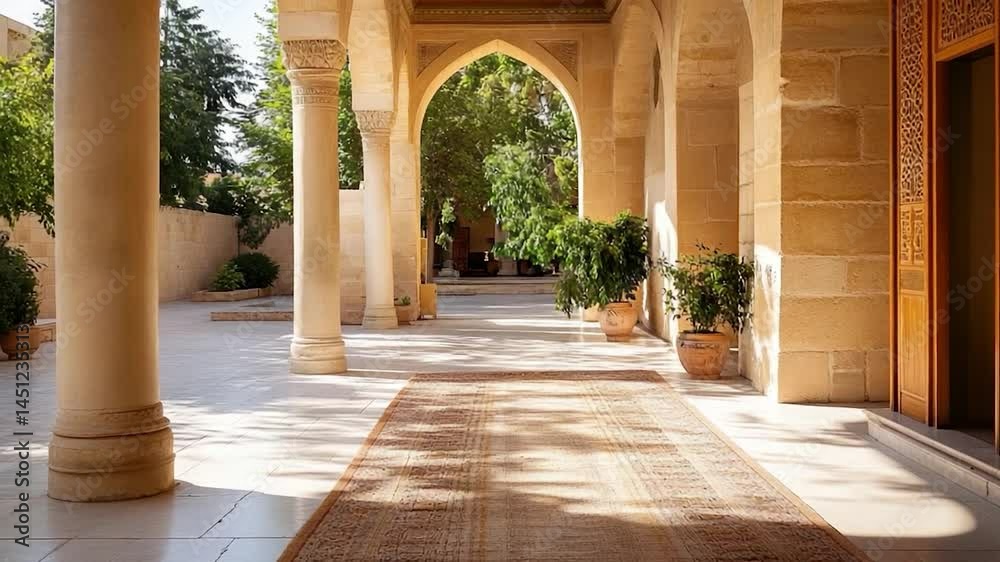 Poster elegant arched colonnade bathed in sunlight with a central rug. beige stone columns and walls frame 