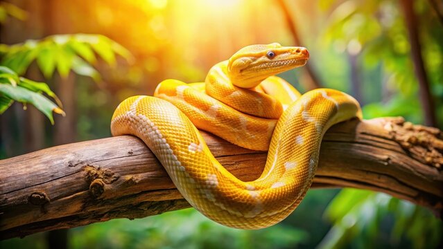 An adult golden python coiled on a branch in the forest, its vibrant yellow scales glistening in the sunlight, wildlife