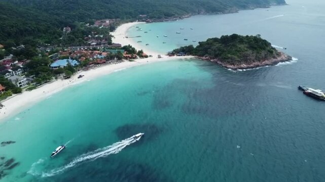 Aerial Panorama of Pulau Redang Beach and Resort Area with Speedboats and Island View, Malaysia
