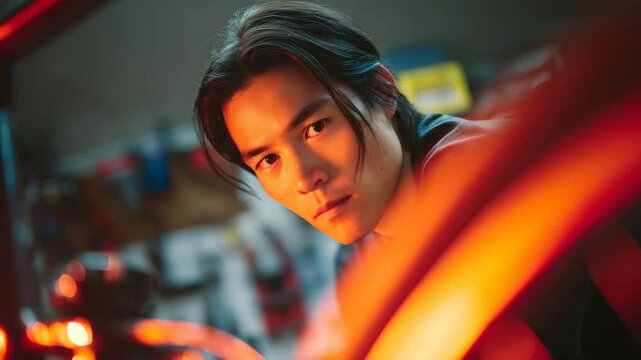Young Man with Intense Expression in a Garage Surrounded by Automotive Tools and Warm Lighting