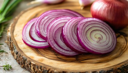 Close-up of Sliced Red Onions on Rustic Wooden Board
