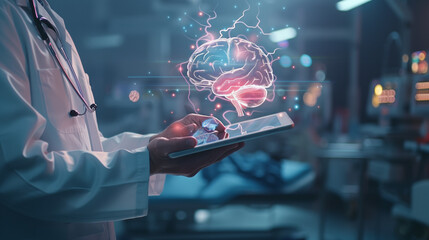 Male doctor holding a tablet with a glowing digital hologram of a human brain