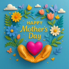 Bright and Playful Happy Mother’s Day Illustration with Colorful Flowers, Pink Heart, and Golden Hands on Blue Background – Whimsical 3D Design with Butterflies and Clouds for a Joyful Celebration