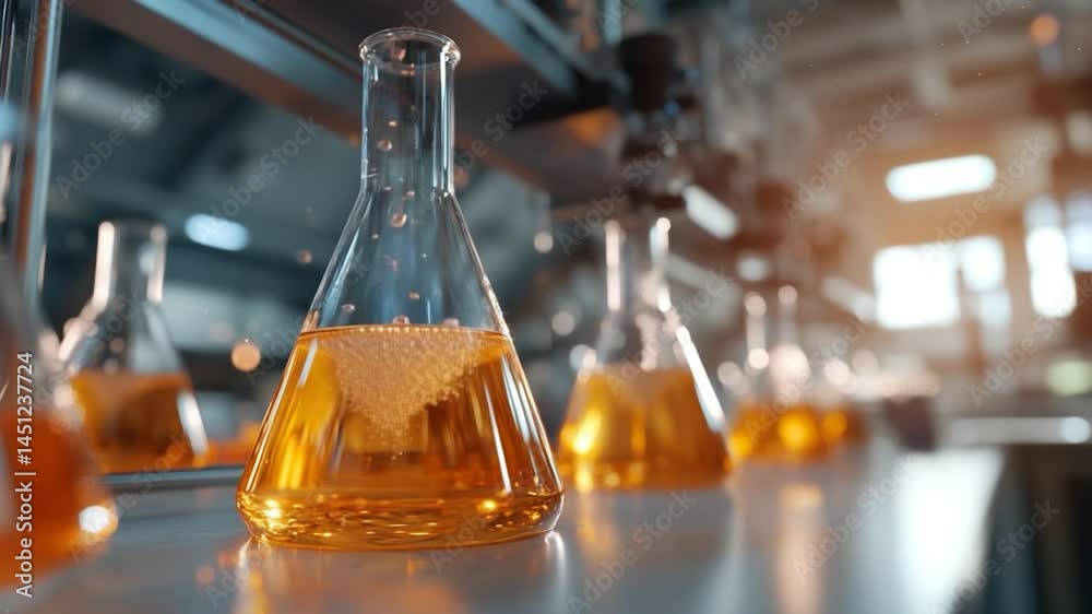 Aufkleber Laboratory scene featuring several flasks with orange liquid and bubbling, lit with warm sunlight and depth of field effect