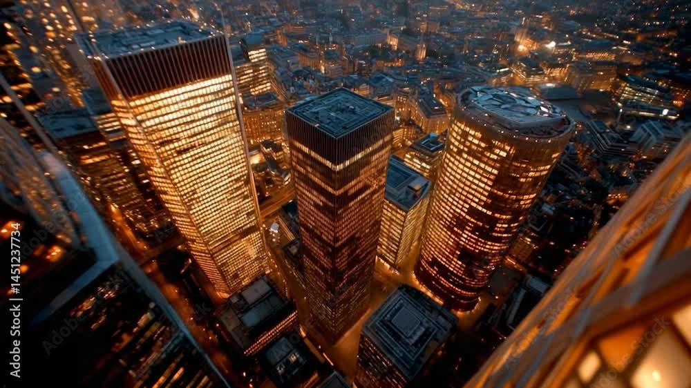 Poster aerial view of illuminated skyscrapers at night city lights reflecting building windows creating a d
