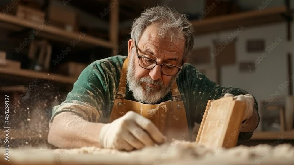 Aufkleber senior craftsman sanding wooden plank in workshop. he wears glasses and apron, creating sawdust in a