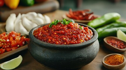 A rustic bowl of spicy red salsa garnished with herbs, surrounded by fresh ingredients like chili, garlic, tomatoes, and lime on a wooden table.