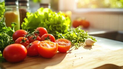 Vibrant Tomatoes and Fresh Herbs on Wooden Cutting Board, Kitchen Sunlight