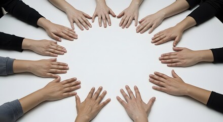 Minimalist group of diverse hands forming a circle on white table.