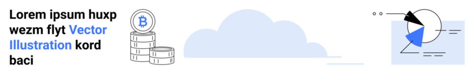 Stacked cryptocurrency coins next to a cloud outline and analytics pie chart with abstract elements. Ideal for finance, blockchain, cryptocurrency, technology, reports, data analysis, simple landing