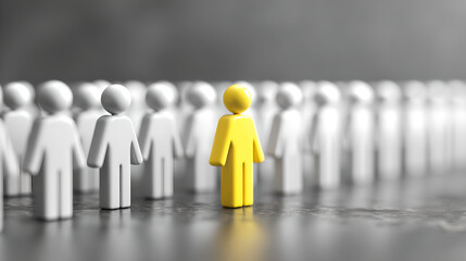A vibrant yellow figure stands out in a line of muted gray figures, symbolizing individuality, uniqueness, and standing out from the crowd