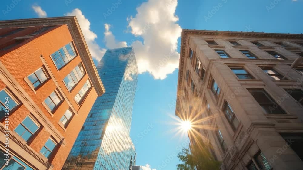 Poster low angle view of city buildings against a blue sky with clouds and sunlight. urban architecture wit