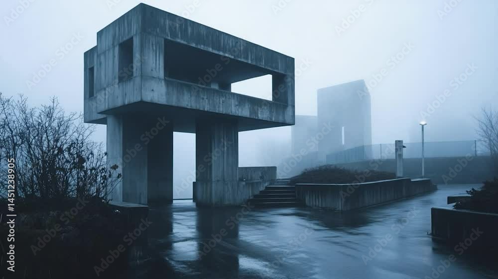 Aufkleber concrete structure in misty landscape with reflections on wet pavement. foggy urban scene features m