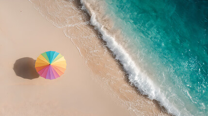 Obraz premium Aerial view of a colorful umbrella on a sandy beach next to the turquoise ocean waves