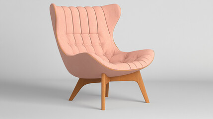 the image shows a furniture piece sitting on a plain surface. the piece is a chair with a high back and angled legs. the chair has a curved seat and a soft, channel tufted surface