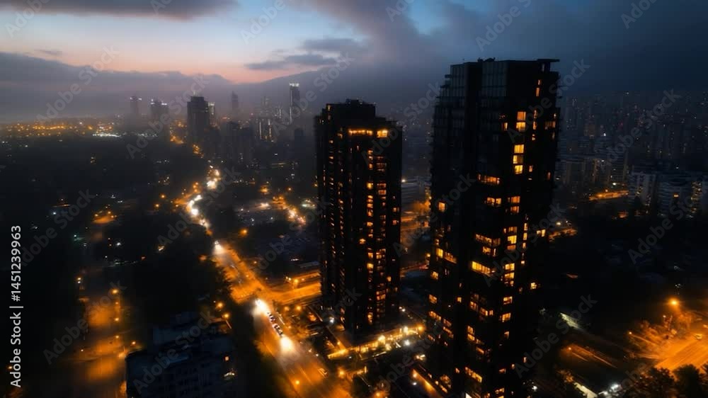 Poster aerial view of a city at dusk with illuminated skyscrapers and city lights casting an orange glow. b