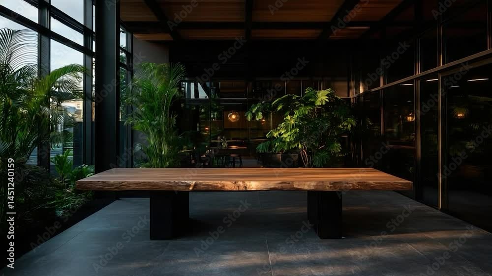Poster elegant interior featuring a massive wooden table with black supports surrounded by lush greenery an