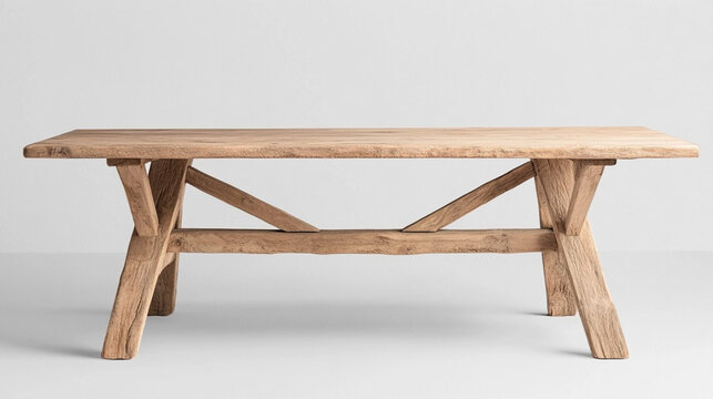 the image shows a rectangular table centered against a solid background. the table is made of light colored wood with a rough texture, suggesting a rustic or aged appearance