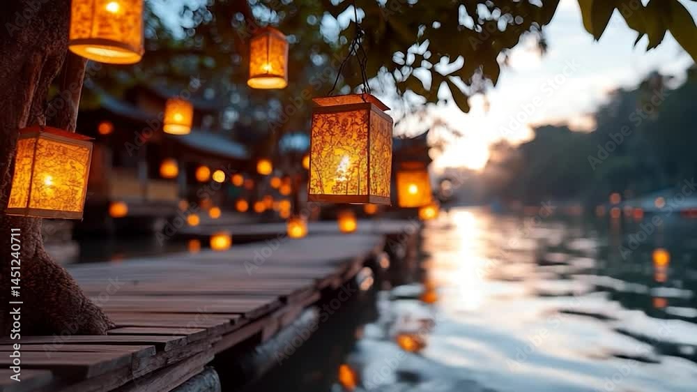 Poster warm-toned scene featuring glowing paper lanterns suspended from trees and wooden structures along a