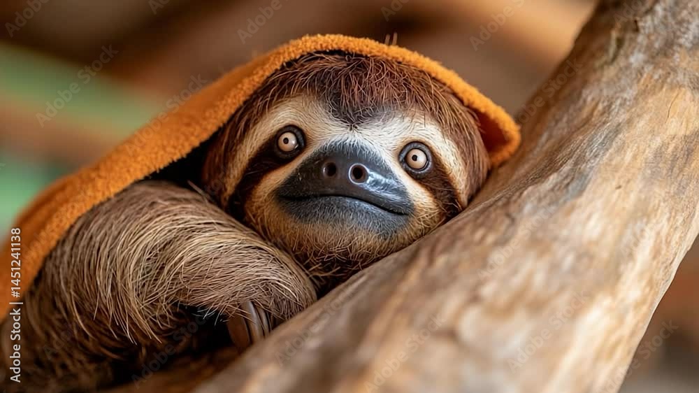 Poster close-up of a sloth resting on a tree branch with brown fur and a warm orange covering over its head