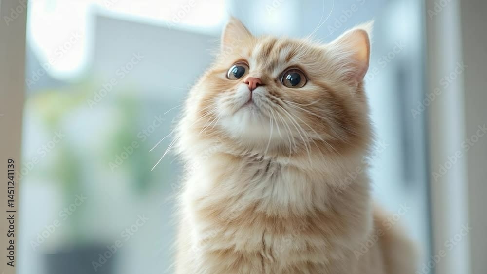 Poster a fluffy long-haired cat with expressive eyes looking upwards against a blurred background. the cat 