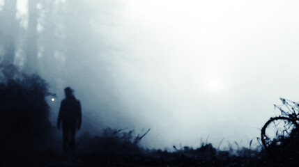 Fototapeta premium Surreal Halloween commercial background, foggy forest silhouette
