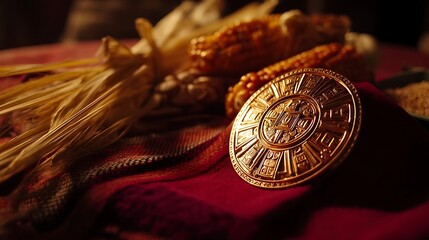 Golden sun medallion with Andean patterns on crimson fabric, surrounded by corn and quinoa offerings, symbolizing Inti Raymi's sacred connection to