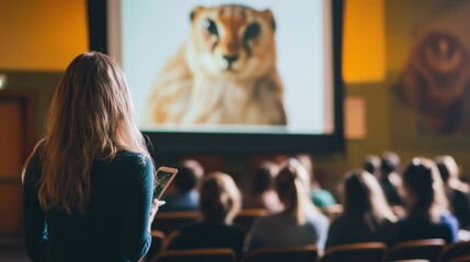 Woman observing a lion presentation in a lecture hall with an audience engaged in learning