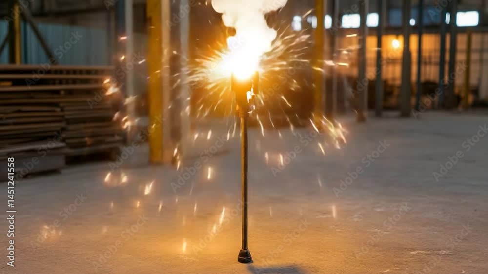 Aufkleber Exploding firework stick in an industrial setting sparks and light in action with smoke and fire on the floor
