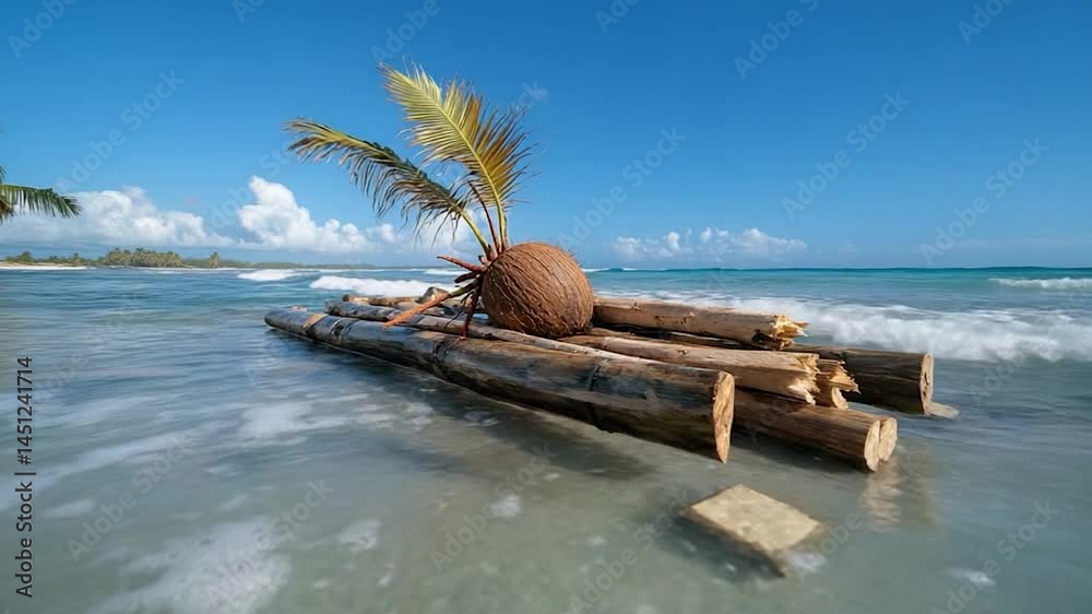 Poster tropical scene with a generic object and generic plant on a wooden raft floating in clear ocean wate
