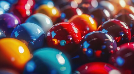A close up shot of many colorful glossy spheres with light reflections and blurred background details