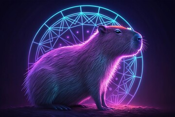 a neon capybara in a portrait, with purple and blue geometric glow - generated by ai