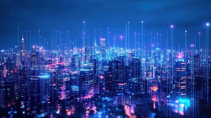 Fototapeta premium futuristic cityscape illuminated by a network of data streams, reflecting the interconnectedness of urban life and technological advancement in the digital era