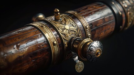 Close up of an ornate wooden and gold telescope with intricate detailing against a dark background