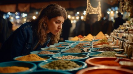 Spice Market Exploration: A woman's fascination is captured amidst a vibrant spice market. She is engrossed in the colorful array of aromatic herbs and spices.