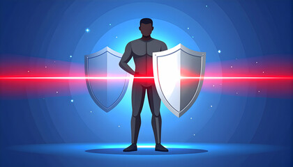 Fototapeta premium Pixel Art Character With Shields And Energy Beams