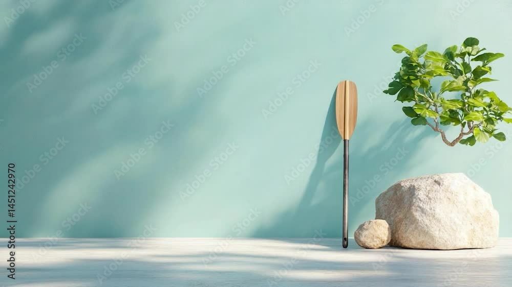 Poster minimalist composition with a teal wall wooden oar and green plant creating a serene atmosphere unde
