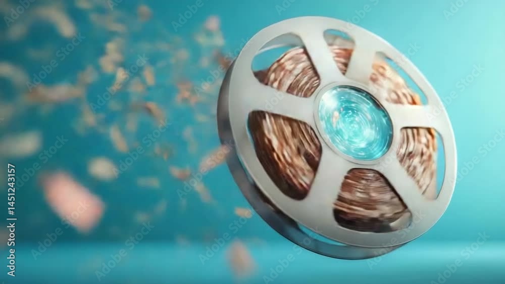 Poster A detailed animation features a 3D film reel on a teal background with scattered particles. The reel is silver, containing brown film with a glowing blue core. Particles appear to explode