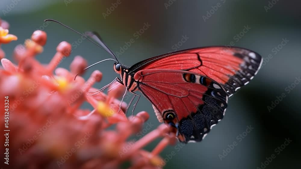 Aufkleber close-up shot of a butterfly with vibrant red wings perched on a cluster of pink flowers. the backgr