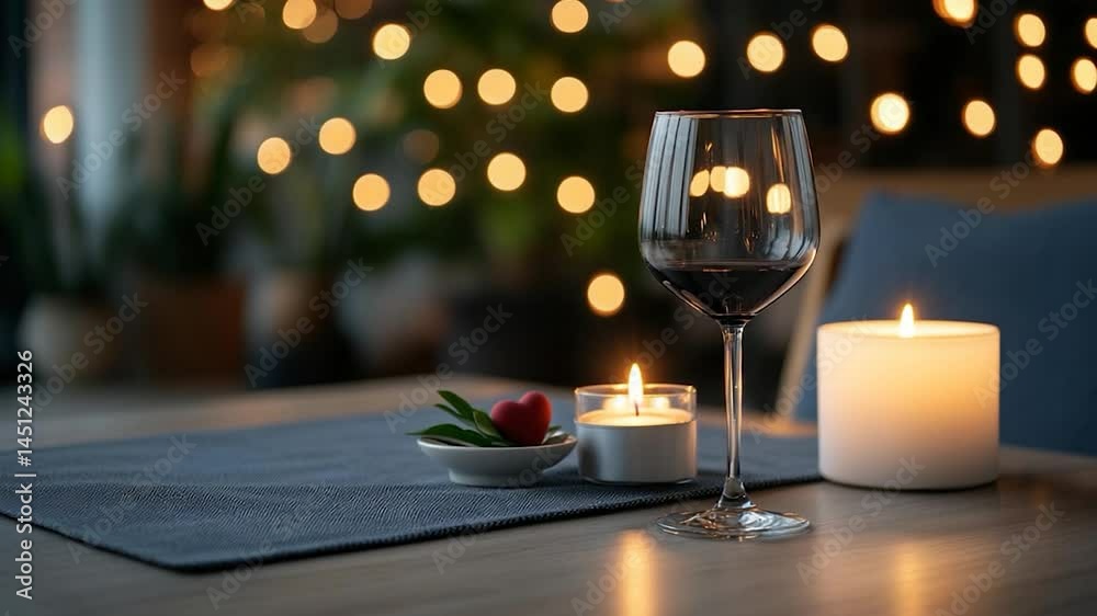 Poster Romantic scene with a glass of red wine and lit candles on a table. Features a heart-shaped decoration and blurred bokeh lights in the background creating a warm atmosphere