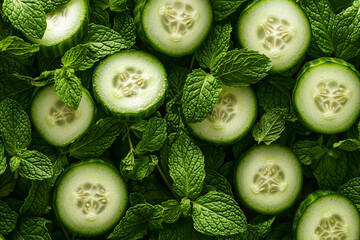 Fresh cucumber and mint leaves creating a refreshing green background
