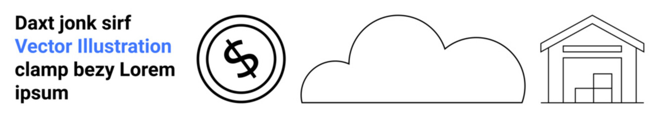 Coin with dollar sign, abstract cloud, warehouse structure in line art. Ideal for technology, finance, logistics, cloud storage, digital economy, e-commerce abstract line flat metaphor