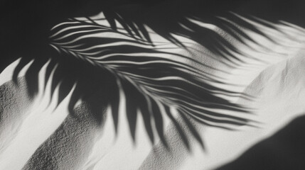 a black and white image showcases the shadow of a tropical foliage. the surface beneath appears textured, like sand. light and dark contrast dramatically as the leaf casts a distinctive pattern