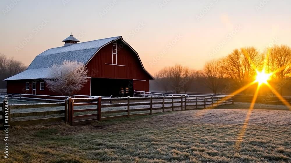 Aufkleber a structure stands in a field with frost-covered grass and a fence during sunrise. bare trees are vi