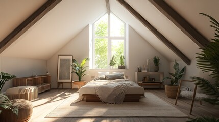 Serene Attic Bedroom Design Natural Light Wooden Beams Plants calm cozy home boho chic decor style  