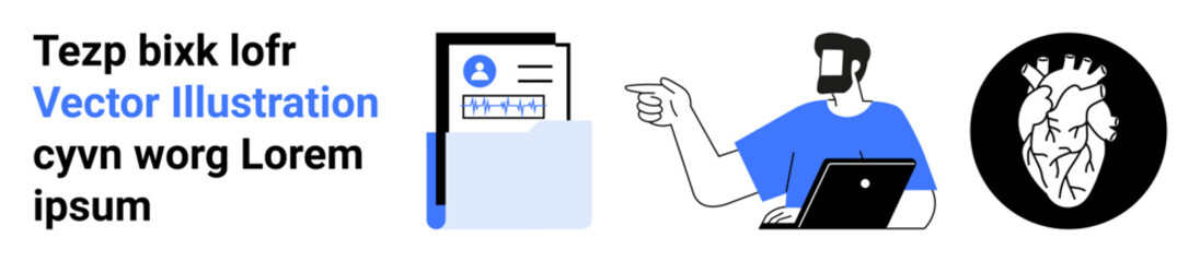 Person working on laptop, pointing at digital document with profile photo. Black anatomical heart as contrast. Ideal for medical, technology, digital profiles, education, science, anatomy flat