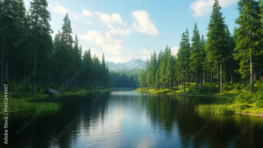 Fototapete scenic view of a serene lake surrounded by evergreen trees and distant mountains under a blue sky wi