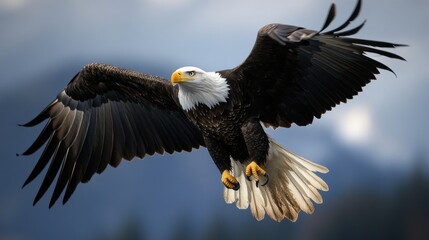 Obraz premium Magnificent bald eagle soars with outstretched wings in the vast sky