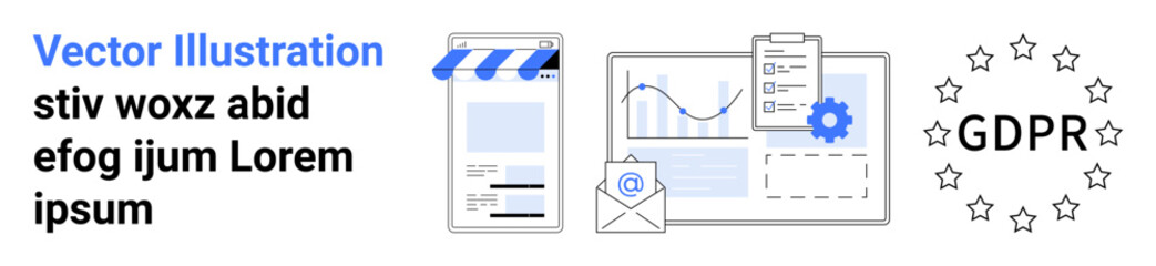 Email, document, mobile site, chart, GDPR badge highlighting privacy, data security, business. Ideal for cybersecurity, compliance marketing analytics legal branding simple landing page