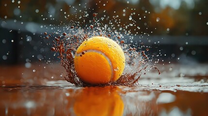 Close-up of a tennis ball bouncing on a clay court, spraying dramatic particles in motion
